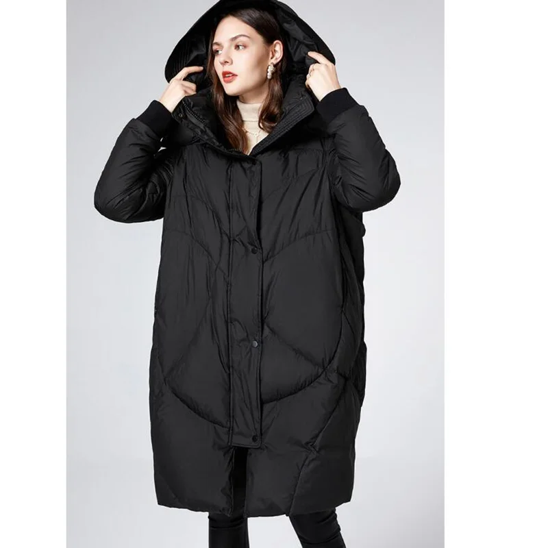 Women Winter Medium Length Over The Knee   White Eiderdown Lloose Western Style Thick Hooded Slimming Down Coats