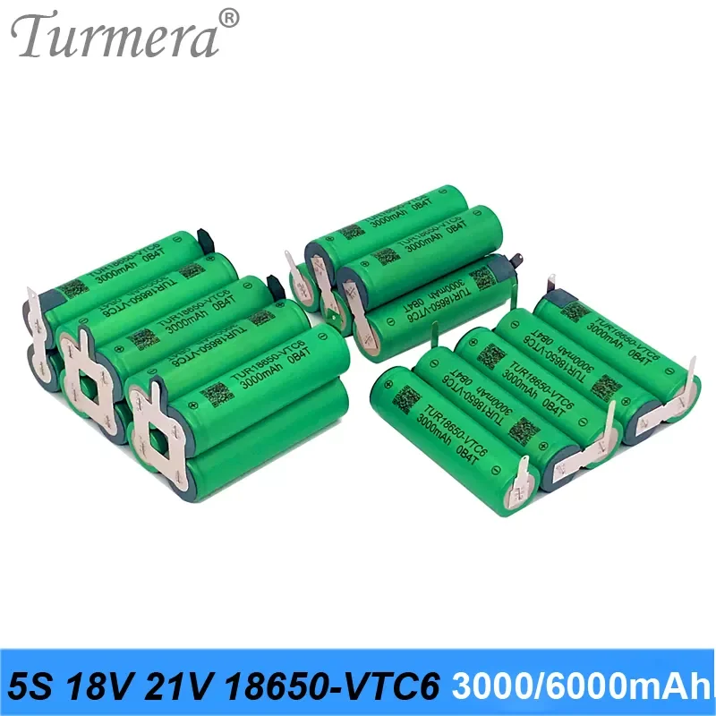 

NEW2023 Turmera 5S 18V 21V 18650 VTC6 3000mAh 6000mAh Lithium Battery 30A Welding Strip for Screwdriver Battery Shurika Shura C
