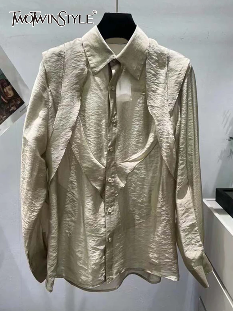 

TWOTWINSTYLE Folds Summer Shirts For Women Lapel Long Sleeve Splcied Single Breasted Crisscross Lace Up Basics Blouse Female New