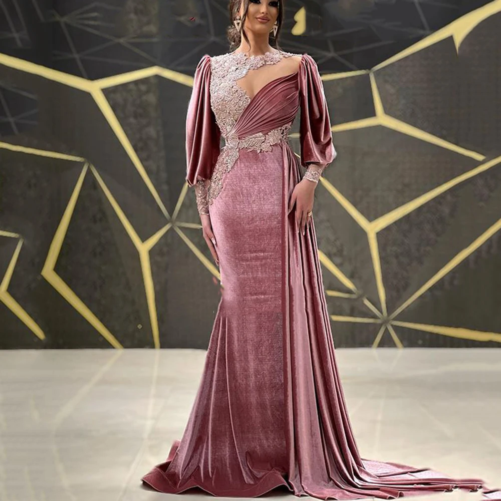 

2022 Long Mermaid Velour Dresses Full Sleeves Apploqies Bridal Formal Party Dress Vestidos De Festa Vestidos De Noche