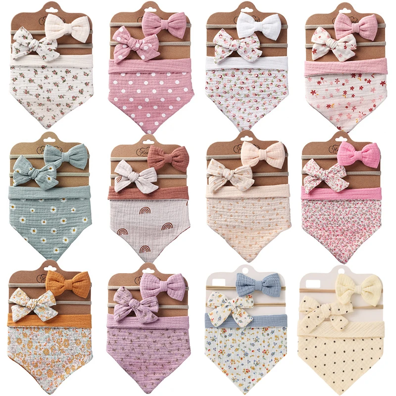 

3Pcs Baby Headband Tassel Saliva Towel Floral Print Newborn Bibs Boys Girls Bandana Burp Cloths Feeding Smock Stuff