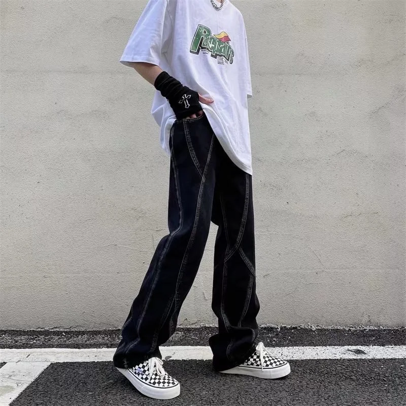 Black Baggy Jeans Men Fashion Retro Casual Wide Leg Jeans Mens Japanese Streetwear Loose Hip Hop Straight Denim Pants Men S-3XL