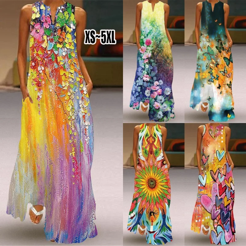 

2023 New Fashion Casual Women's Sleeveless Long Skirt V-neck Lavender Retro Pattern Printed Bohemian Dress