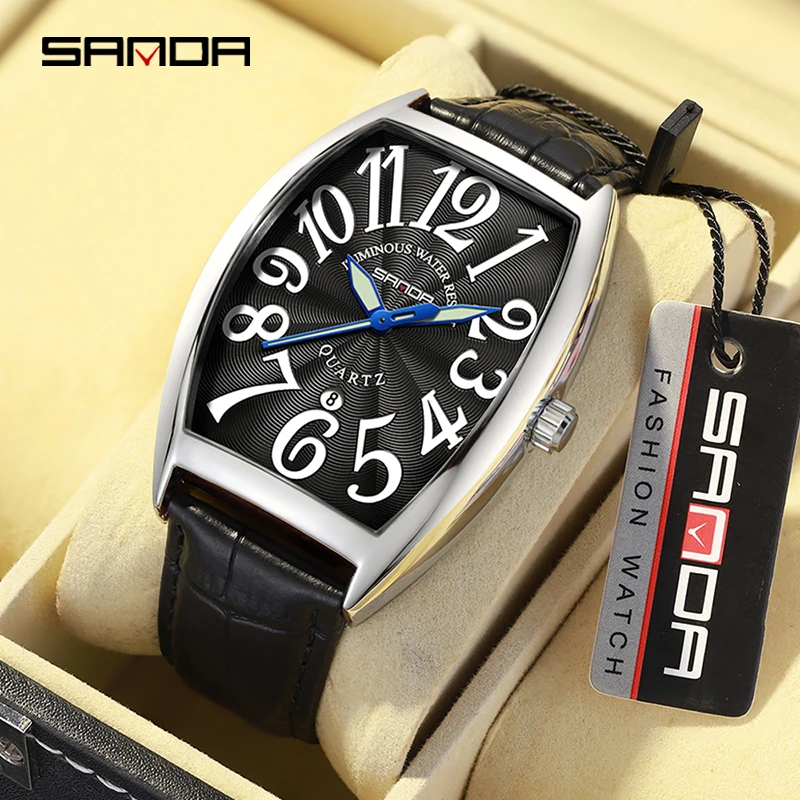 

SANDA Retro Men Quartz Watch Casual Fashion Tonneau Watch Simple Dial Waterproof Leather Strap Sports Watches Reloj Hombre