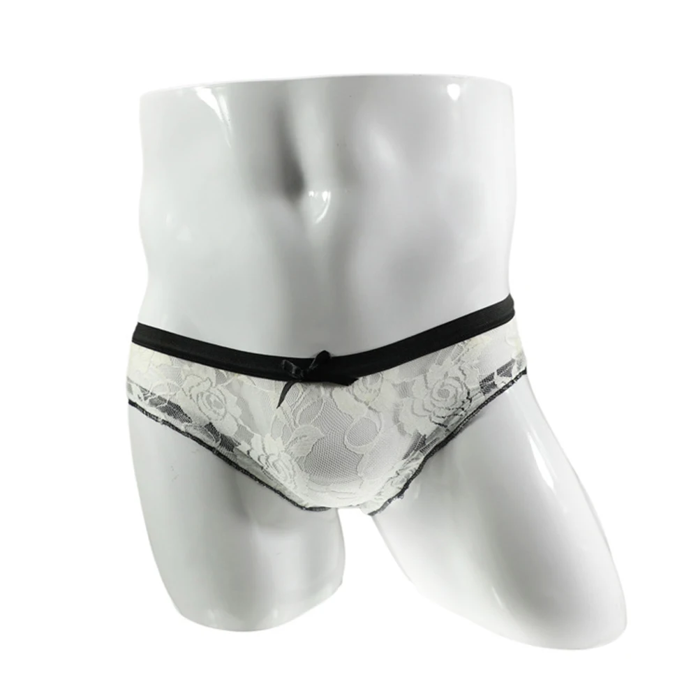 

Men Underwear Sexy Lace Men's Briefs Nightclub See-Through Low Waist Solid Bow Rose Sissy Lingerie For Man Panties 2022