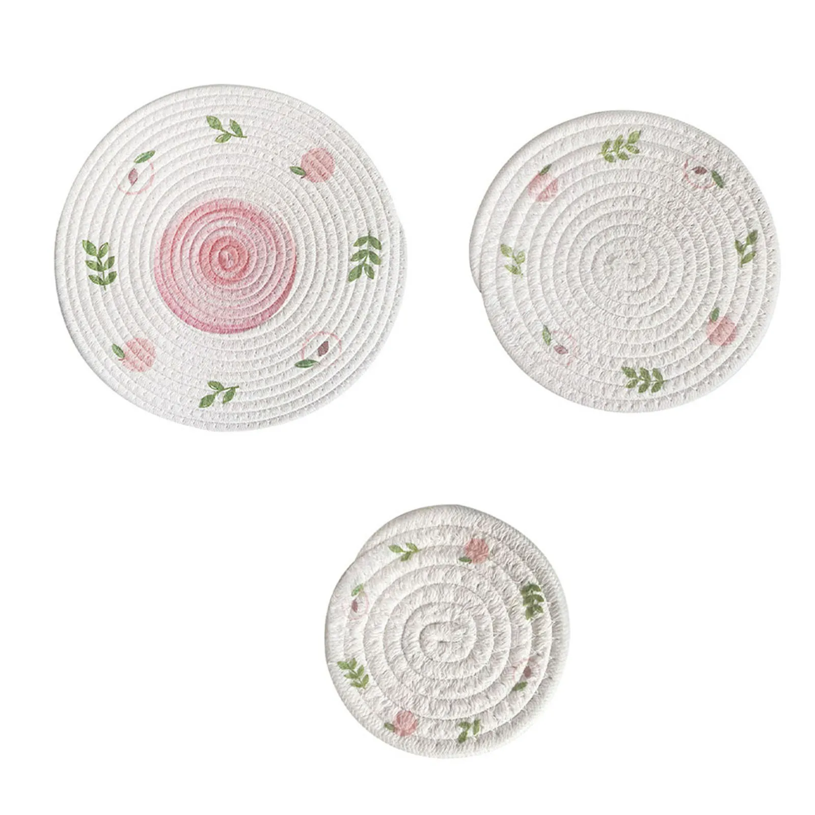 

3pcs Insulation Cup Pad Mat Cotton Knitted Drink Coaster Pot Holder Circular Household Bowl Mat Creative Printing Cup Mat Supply