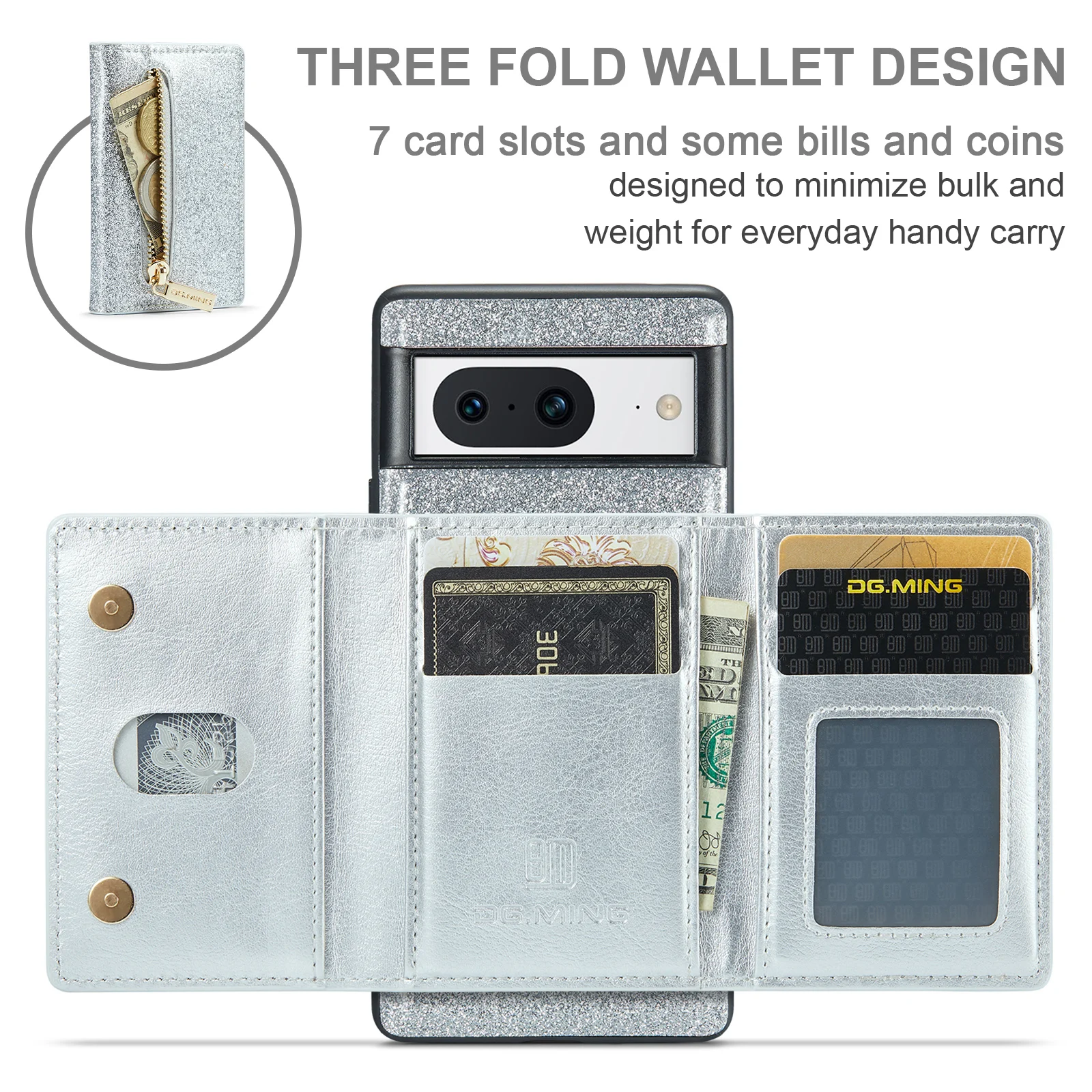 Glitter Zipper Card Pocket Magnetic Phone Case For Google Pixel 8 7 6 Pro 7A 6A Shockproof Stand Wallet Protective Leather Cover