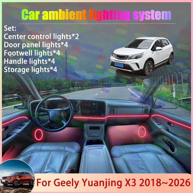 Фото Для Geely Yuanjing X3 2018 ~ 2026 BAC X3 Pro GX3 2/24 в 1 автомобильная атмосферная лампа RGB абажур ансамбль стример атмосферный набор №1