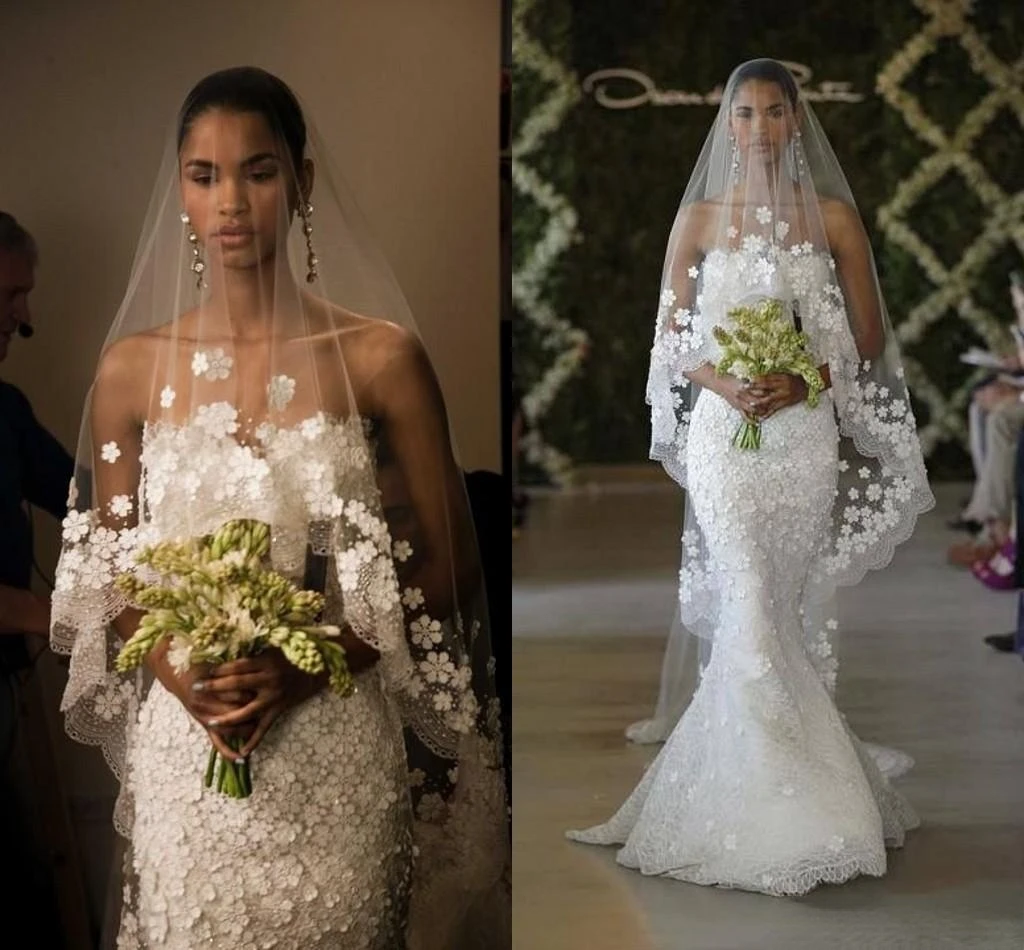 

Designer Long Chapel Train Wedding Blush Veils Tulle Sheer Lace Edge One Layer White Ivory Appliques Bridal Veils