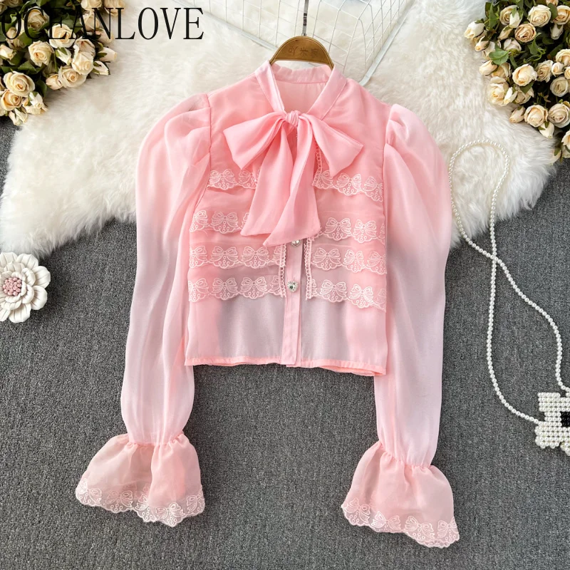 

lare Sleeve Women Shirts Bow Lace Patchwork Solid Spring Summer Blouses Korean ashio N Vintage Blusas Mujer