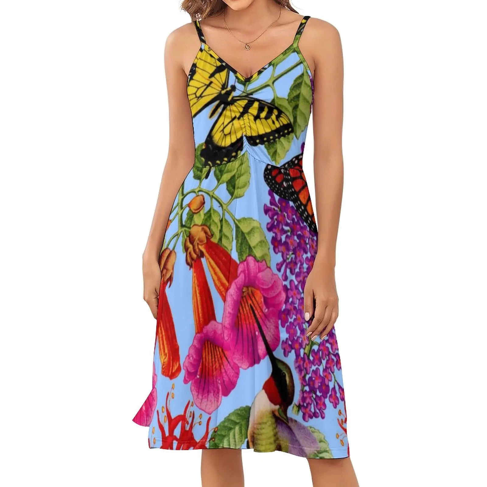 

Bees Balm Dress Womens Butterfly Bird Flower Pinrt Aesthetic Casual Dress Spring Graphic Dresses Spaghetti Strap Pretty Clothes