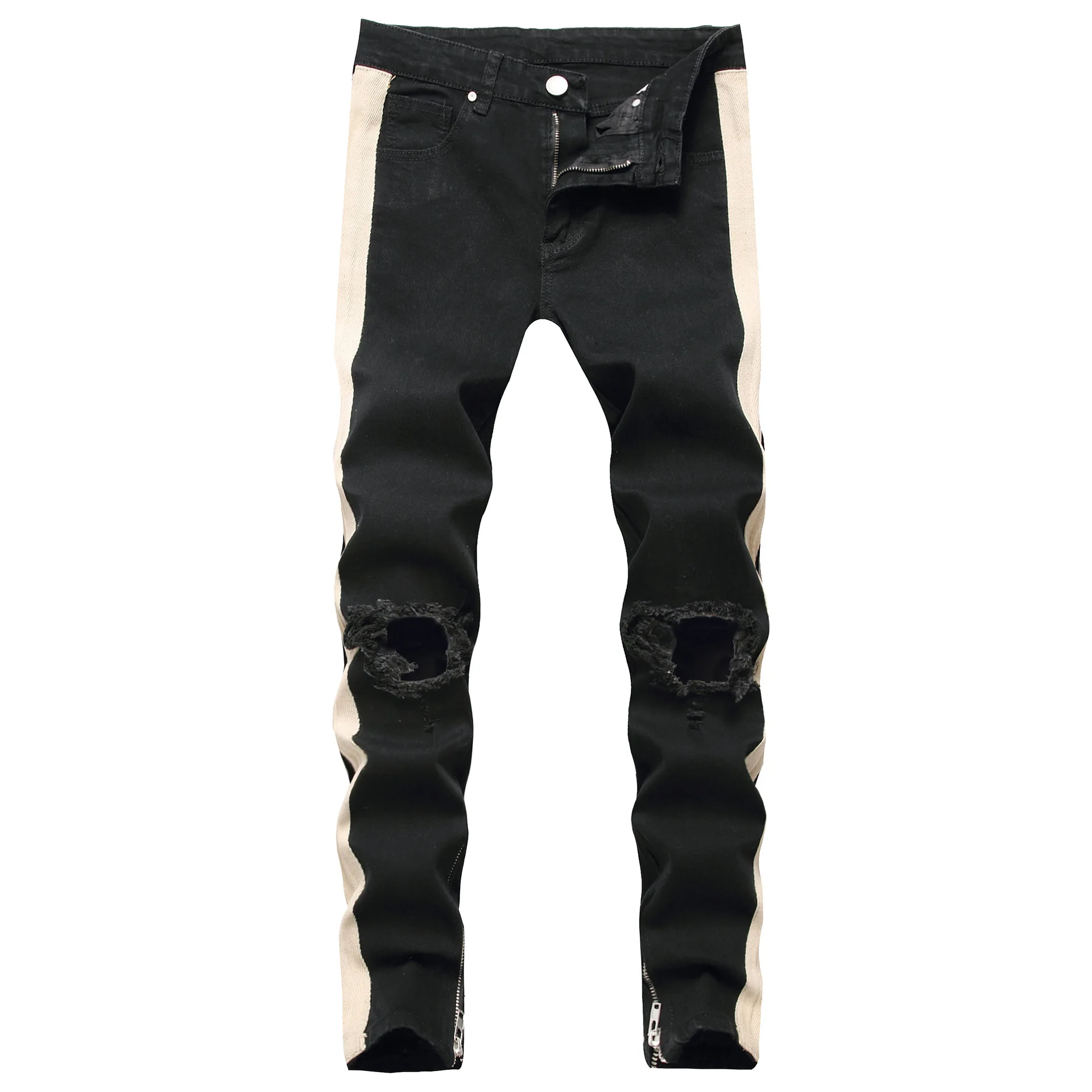 New Mens Jeans Denim Vintage White Stripe Side Knee Holes Slim Side Zipper Pencil Pants Streetwear Men Denim Jeans