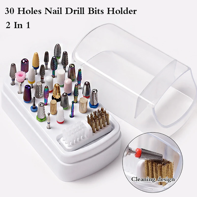 

30 Holes Nail Drill Bits Holder Clear Dust Proof Drill Bit Case for Acrylic Nail Drill Bits Storage Nail Tools With Brush