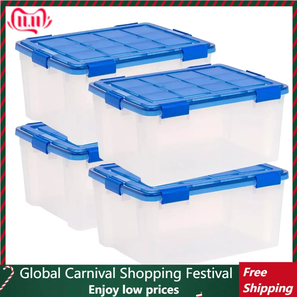 

Прозрачный пластиковый ящик для хранения с прокладкой, набор из 4 синих органайзеров, контейнер, домашняя организация, сад