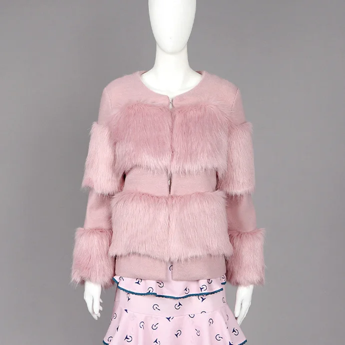 Clearance Runway Design Faux Fur Coat Winter Round Neck Pink Fur Pachwork Womens Jacket Coat Overcoat