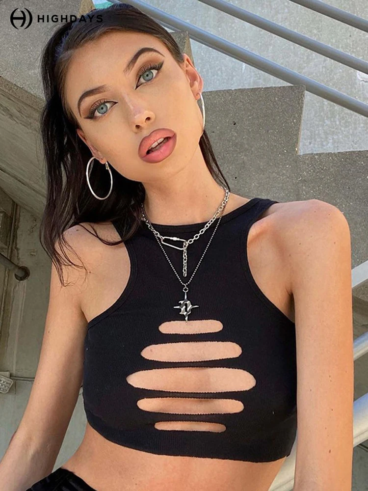 Highdays Sexy Gothic Women Suspender Hollow Out Camisoles Summer Sleeveless Bustiers Corset Crop Tops Punk Style Streetwear Vest