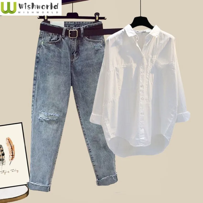 

Spring and Summer Suit Women's 2023 New Korean Version Western-style Sunscreen Shirt Slimming Jeans Two-piece Set