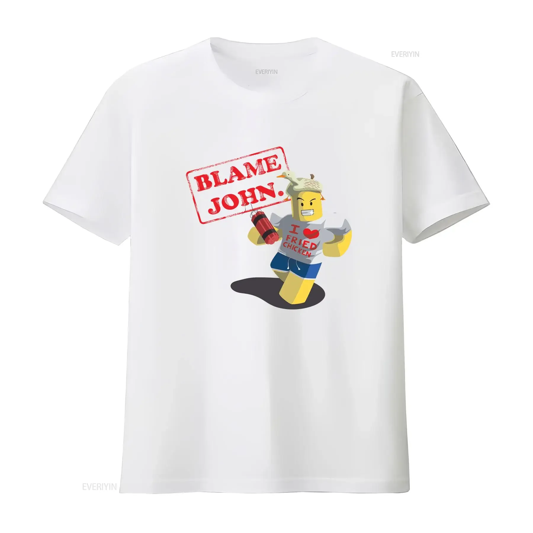 Фото Футболка Shedletsky Blame John с забавным принтом утки и дизайном «Я люблю жареную курицу» для повседневного ношения, винтажная, с эффектом потертости, универсальная, с графическим принтом №3