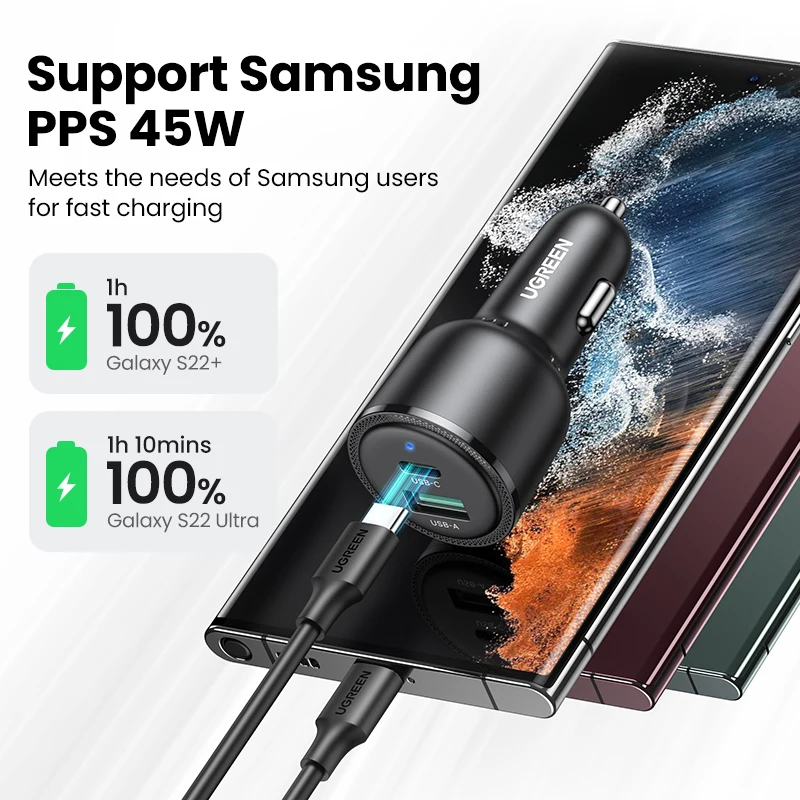 Фото Автомобильное зарядное устройство PD QC 3,0 PPS, USB Type C, 63 Вт, 45 Вт №3
