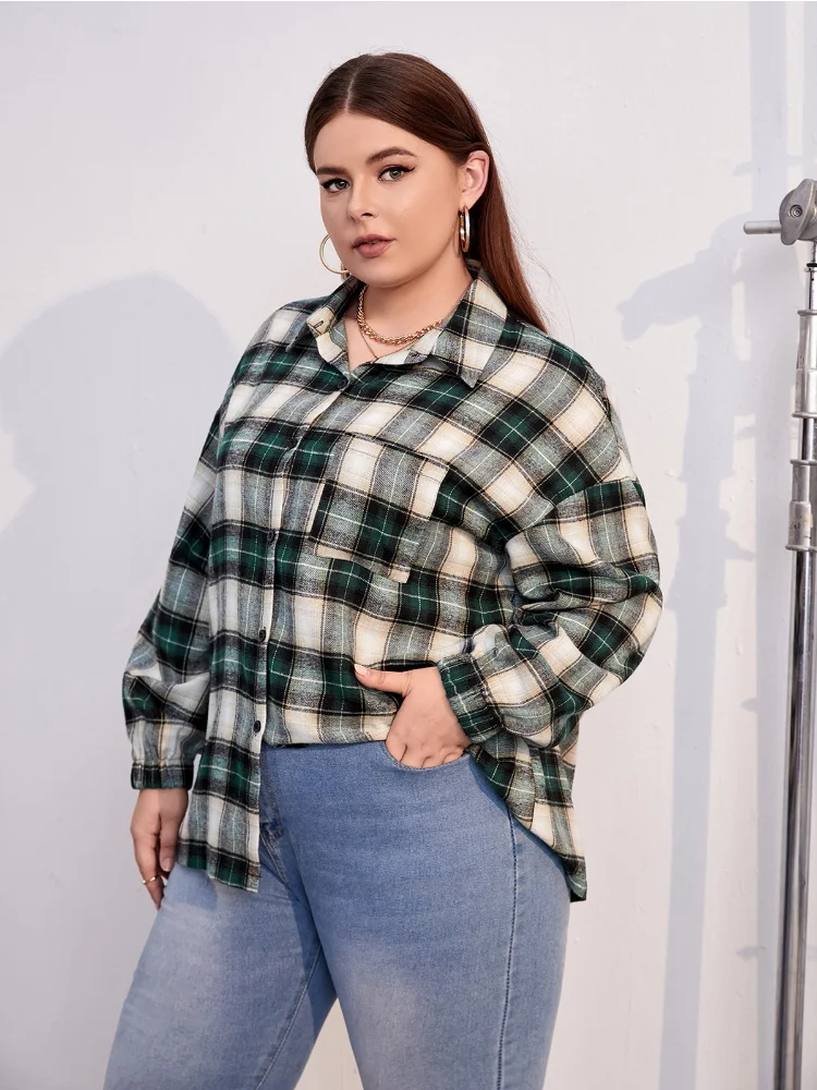Women's Large Checked Shirt Front Pocket Hot Selling Cross-border Foreign Trade Shirts plus size women clothing