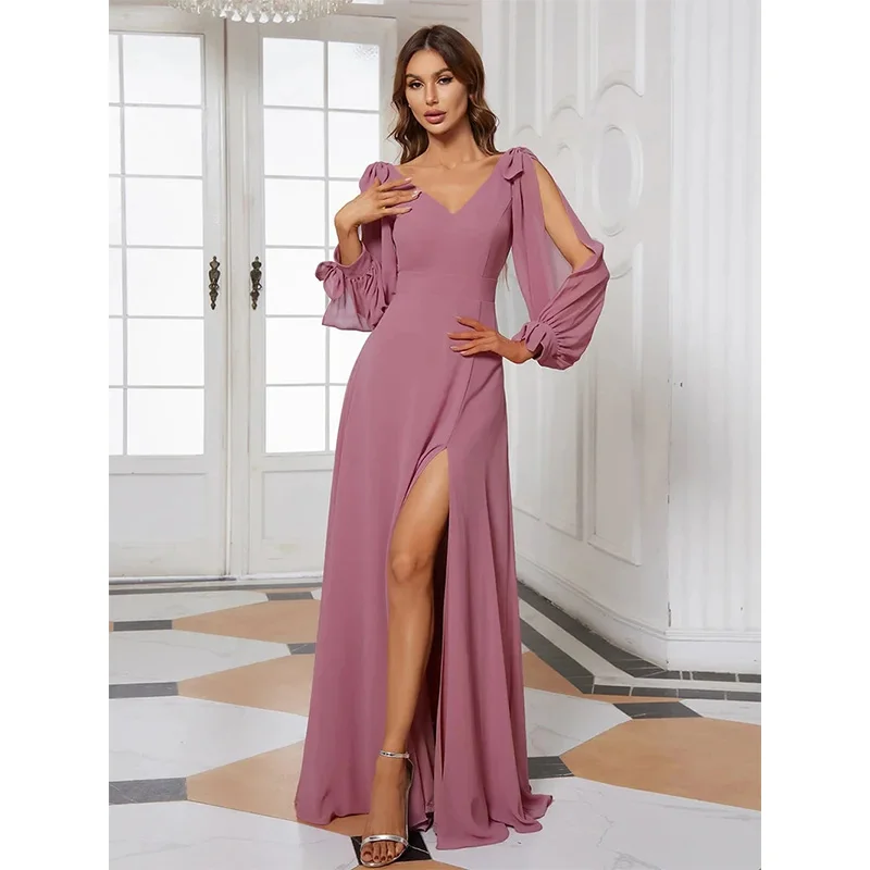 

Chiffon Split Long Sleeve V-neck Open Back Women's Party Evening Dress Elegant Fashion Sexy Simple Formal فساتين السهرة Vestidos