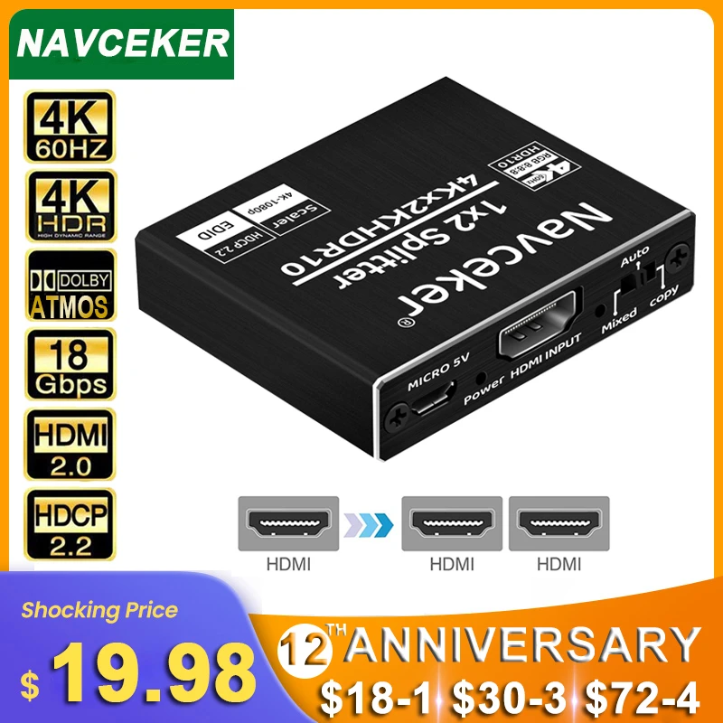 

ProAV 4K UHD HDMI Splitter 2.0 1x2 HDMI 2.0 Splitter HDCP 2.2 HDR Splitter HDMI 2.0 4K HDMI2.0 Splitter For Blu-ray DVD PS3 PS4