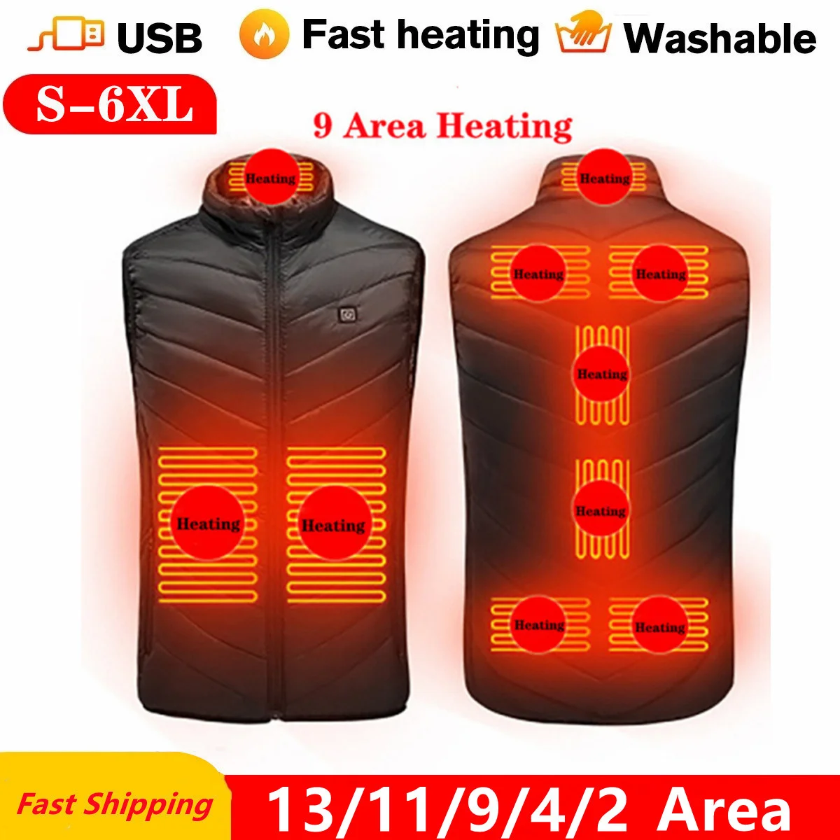 

13/9 Areas Heated Vest Men Women Usb Heated Jacket Heating Vest Thermal Clothing Hunting Vest Winter Heating Jacket BlackS-6XL