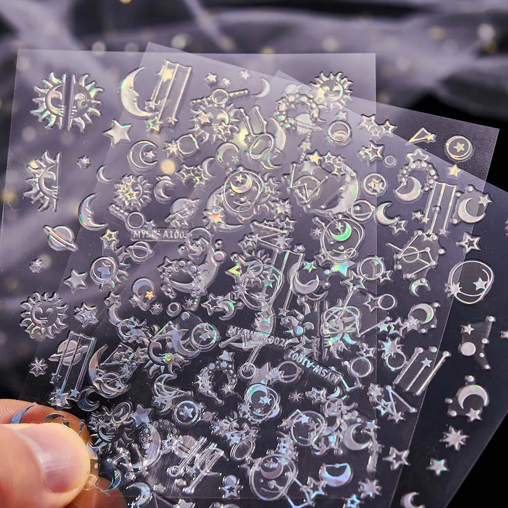 

6pcs Aurora Shiny Gold Silver Nail Art Stickers Laser Holographic Moon/Sun/Star/Flame/Heart Nail Decals Wholesale HSNK-018-HDJK