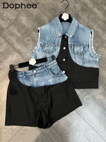 new summer fashion sleeveless denim contrast single breasted short vest jacket and shorts two pieces set