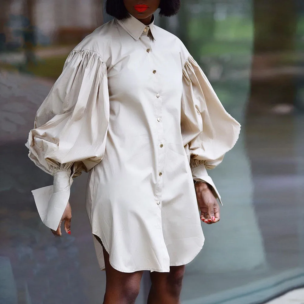 

Plus Size 3XL Spring Autumn Puff Sleeve Women Blouse Shirt Dress Loose Casual Single Breasted Solid Color Shirt Dress for Women