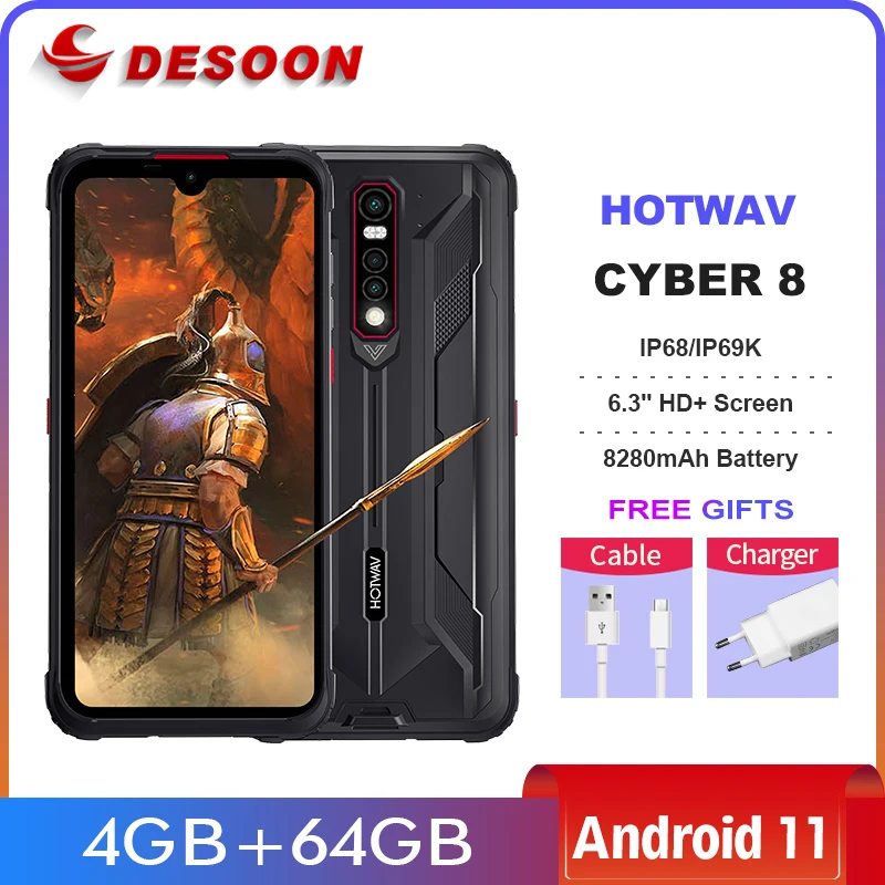 HOTWAV CYBER 8 Global Version Rugged Smartphone 4GB 64GB IP68/IP69K 8280mAh 16MP Camera 6.3 Inch HD+ NFC Android 11 Cellphone