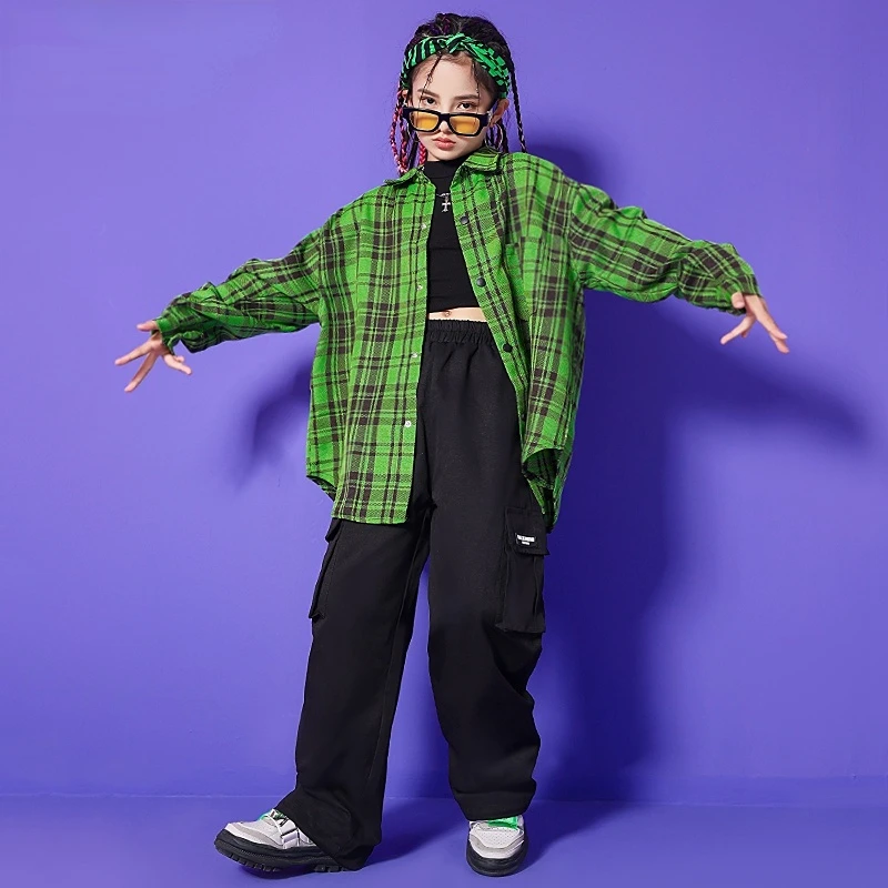 

Teen Girls Hip Hop Clothes Green Plaid Shirt Black Cargo Pants Jazz Dance Costume Kpop Costume Children Rave Festival Clothing
