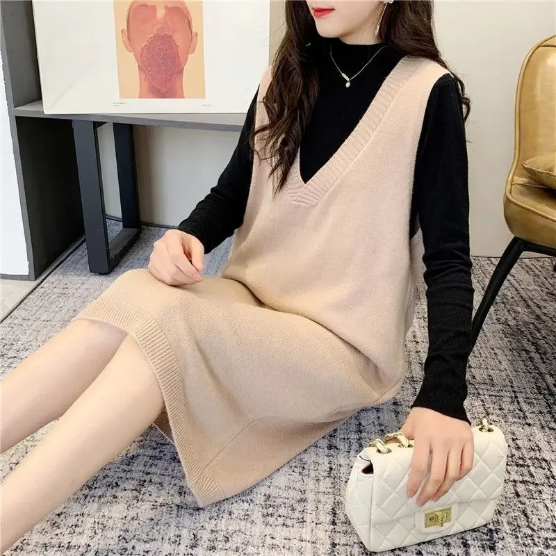 Длинный вязаный жилет женское платье-свитер с V-образным вырезом свободный крой