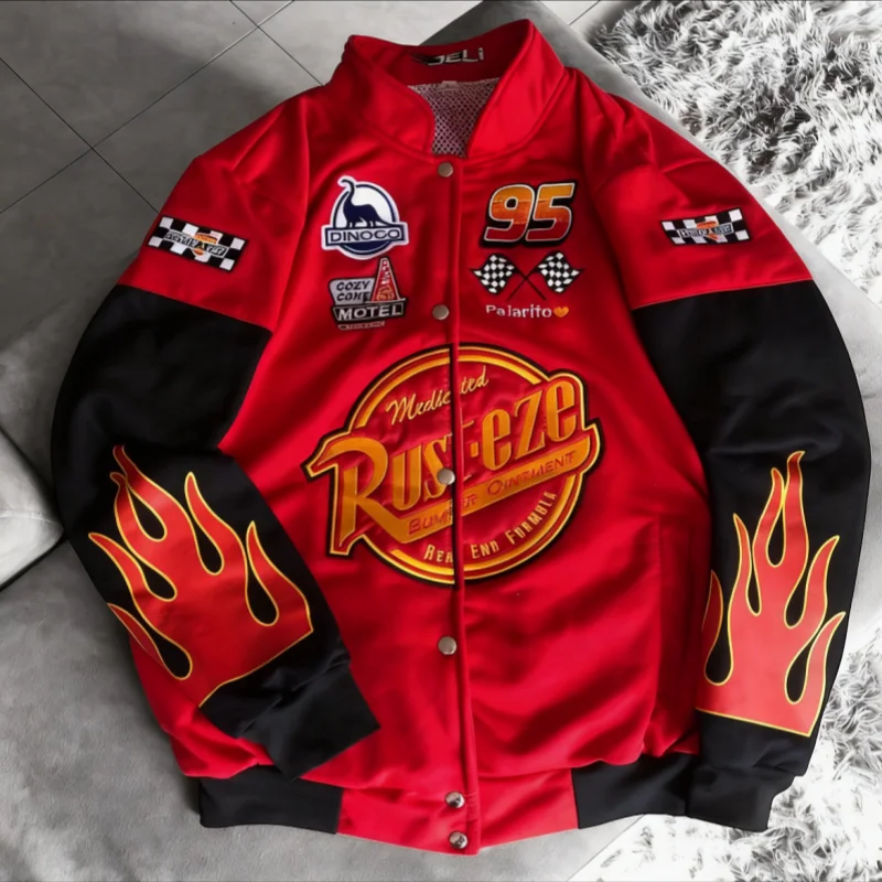 Фото Куртка-бомбер Y2K Red Flame Lightning Mai 95 Racing Pilot унисекс с ретро-принтом Rusteze, мотоциклетная, в стиле хип-хоп, уличная №4