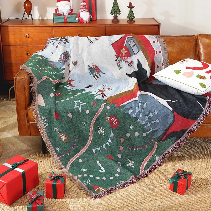 Рождественский домашний декор черный кот с домиком одеяло бахромой