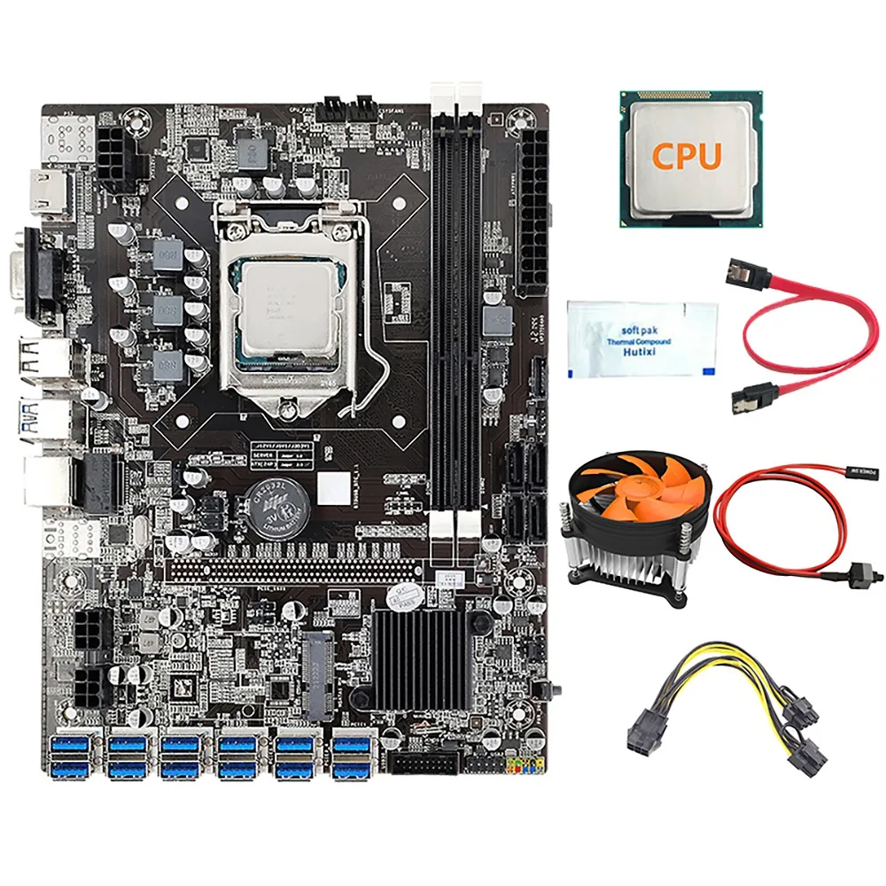 

12 GPU B75 BTC Mining Motherboard+CPU+Fan+Thermal Paste+Power Cable+Switch Cable 12 USB3.0 Slot LGA1155 DDR3 RAM SATA3.0