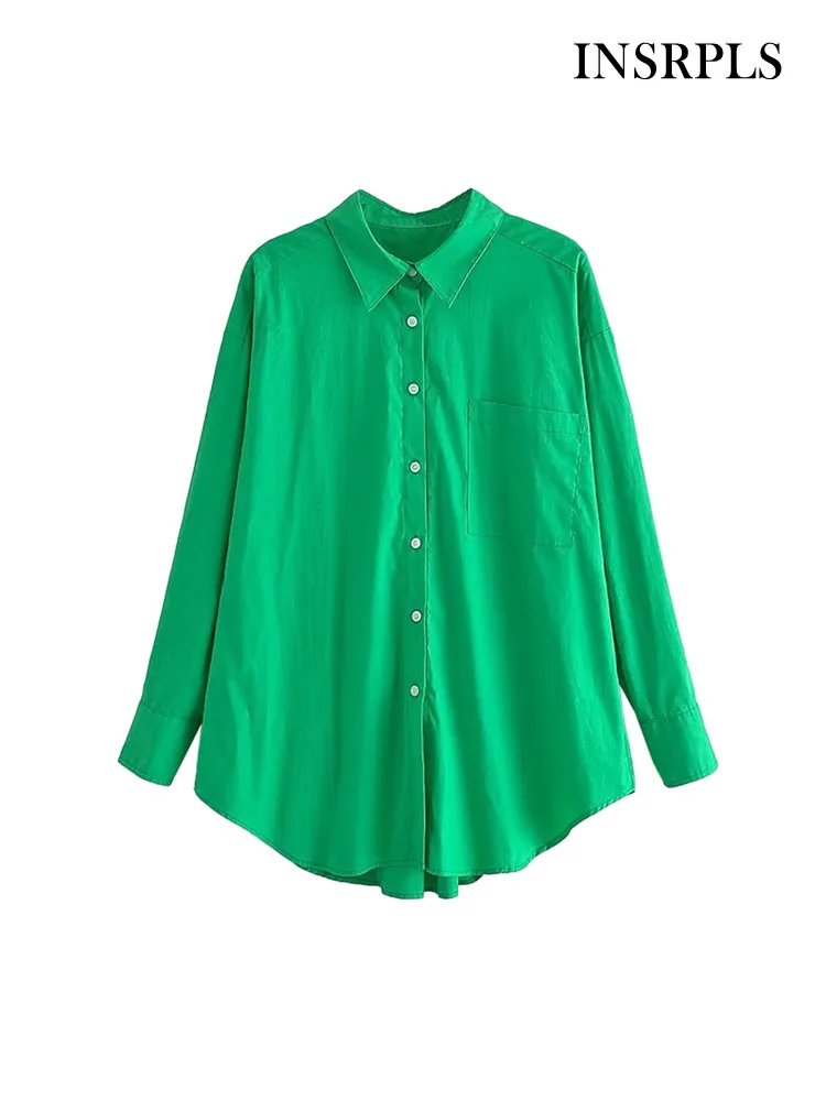 

INSRPLS Women Fashion With Pocket Oversized Green Shirts Vintage Long Sleeve Button-up Female Blouses Blusas Chic Tops