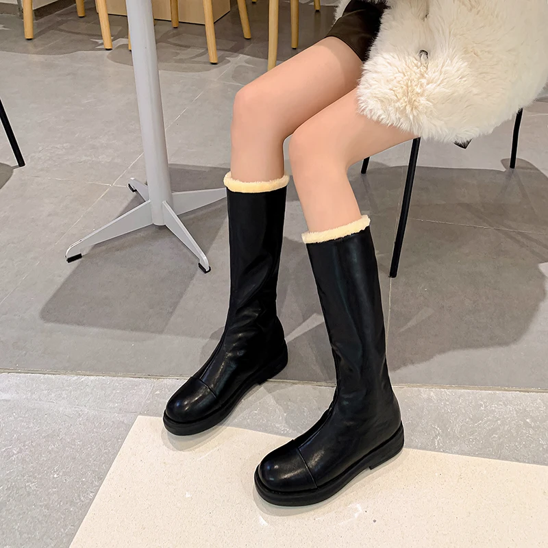 

Новинка 2022, зимние теплые сапоги до середины икры, женская обувь, сапоги с круглым носком, Повседневные Плюшевые сапоги для женщин, женская обувь на плоской подошве