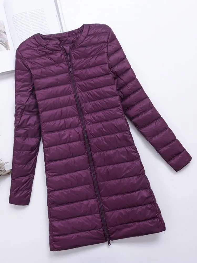 Women Winter Coat 2022 New Ultra Light Collarless Duck Down Jackets Slim Portable Female Long Puffer Down Coats Outerwear
