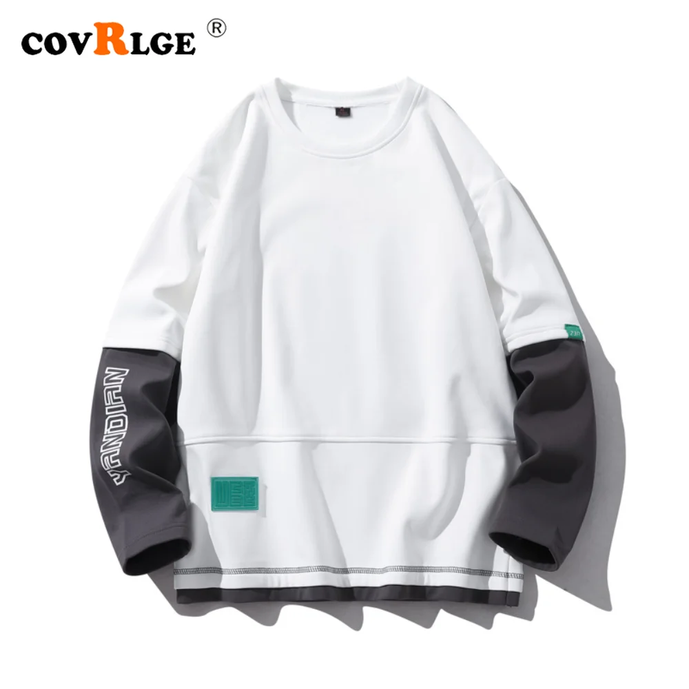 Covrlge Men's Sweatershirt Spring Autumn Fashion Men Loose Round Neck Fake Two Long-sleeved Pullover Male Streetwear MWW435