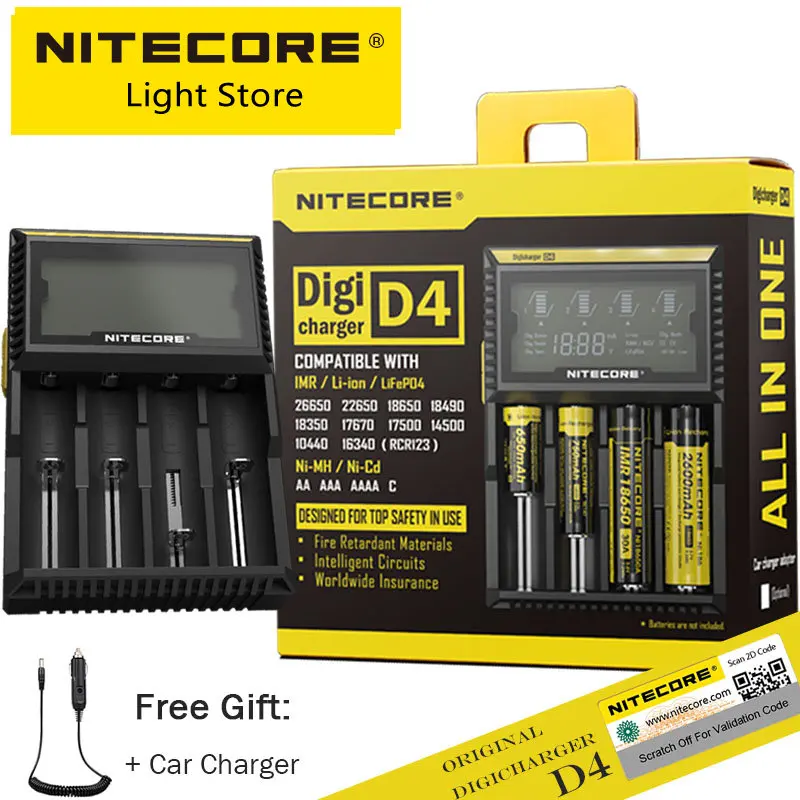 Оригинальное зарядное устройство NITECORE D4 Digi с ЖК-дисплеем, умное зарядное устройство для аккумуляторов 18650 14500 16340 A AA AAA с бесплатным автомобильным зарядным устройством