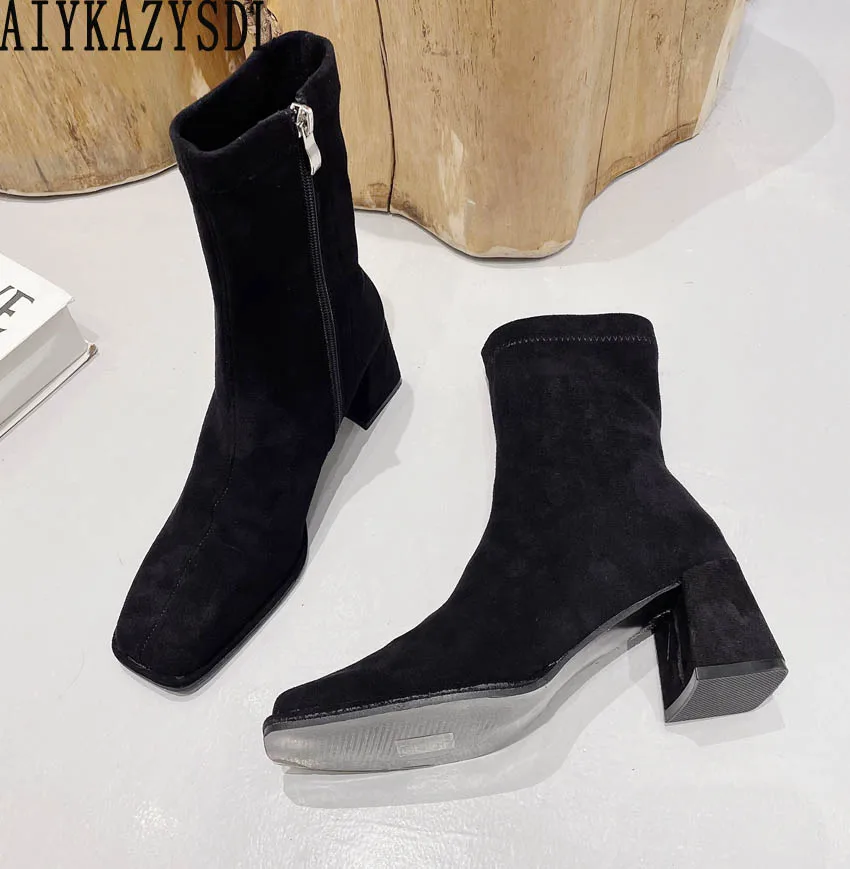 

AIYKAZYSDL 2023 New Basic Simple Flock Faux Suede Ankle Boots Square Toe Short Bootie Block Chunky Heel Casual Shoes Punk Boots