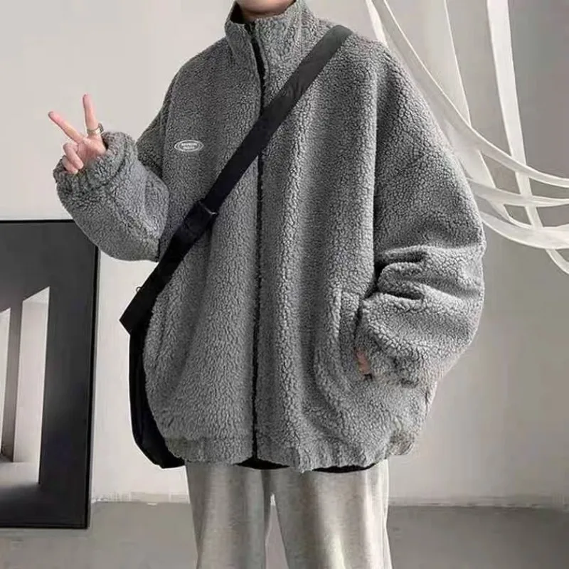 Men Jacket PU Leather and Lamb Wool Two-sided Wear Padded Jacket Autumn Winter Hip Hop Thick Warm Oversize Coat Punk Streetwear