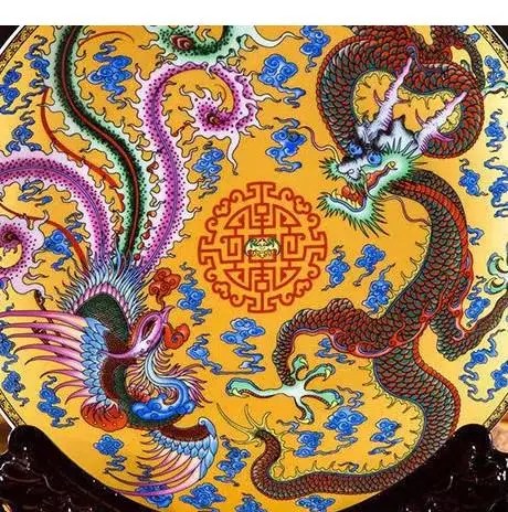 Керамическая декоративная тарелка Цзиндэчжэнь Jiulongfeng с деревянной основой