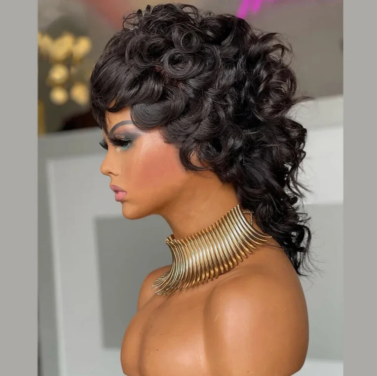 Черные короткие вьющиеся волнистые парики с челкой бразильские волосы вьющийся