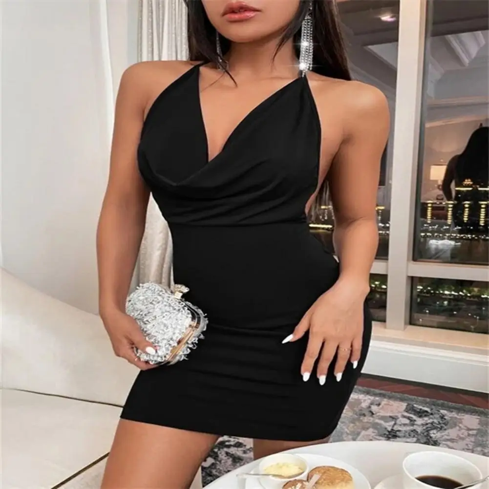 

V-neck Sleeveless Hip Wrap Lady Dress Halter Backless Bodycon Midi Dress Stretchy Hip Wrap Bodycon Dress For Evening Party