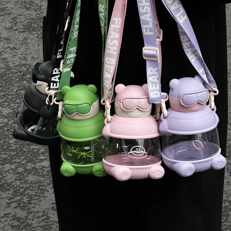 

900ML Plastic Straw Cup Sports Water Bottle Student Drinking Water Cup with Strap Kawaii Cartoon Shape Portable for children