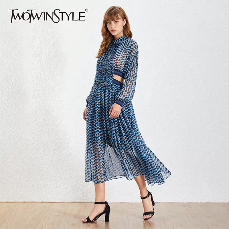 

TWOTWINSTYLE Vintage Hollow Out Dress For Female Stand Collar Long Sleeve High Waist Print Elegant Dresses Women 2021 Spring