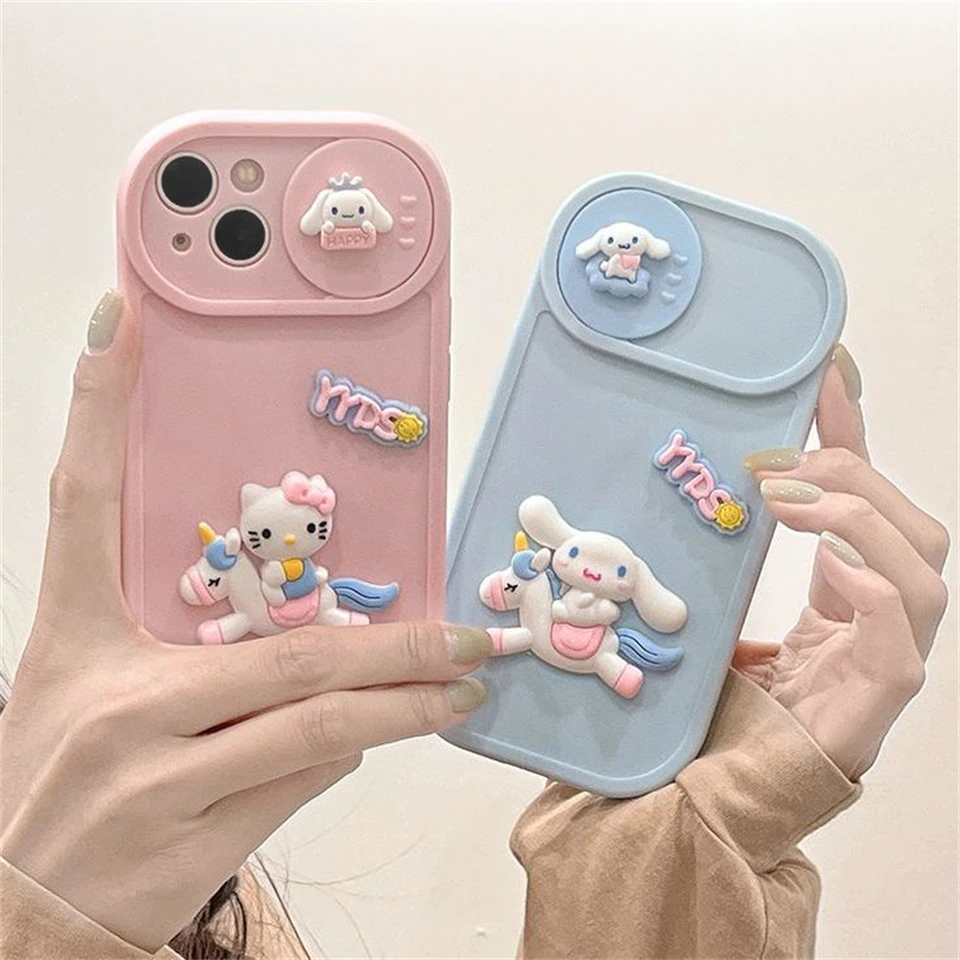 

Оригинальный чехол Sanrio с 3D рисунком Hello kitty для защиты раздвижной камеры iPhone 15 14 13 12 11 Pro Max Plus X XR Единорог полное покрытие Y2k