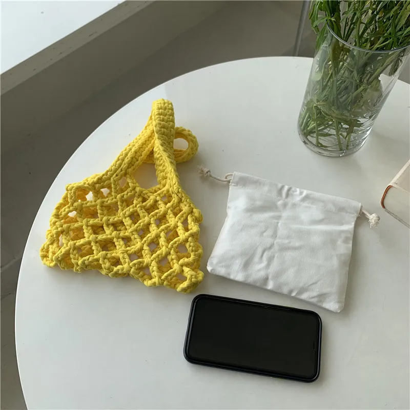 Cotton Woven Women's Bag Cacual Hand Bags for Female Lady's Small Bucket Bag Hollow Out Daily Mini Handbag